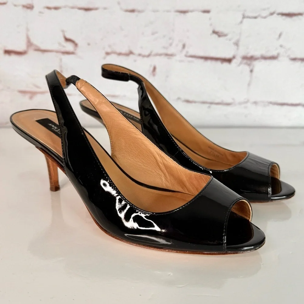 ANN TAYLOR Perfect KH Slingback Black Patent Leather Peep Toe Size 7.5 Heels - Picture 15 of 15